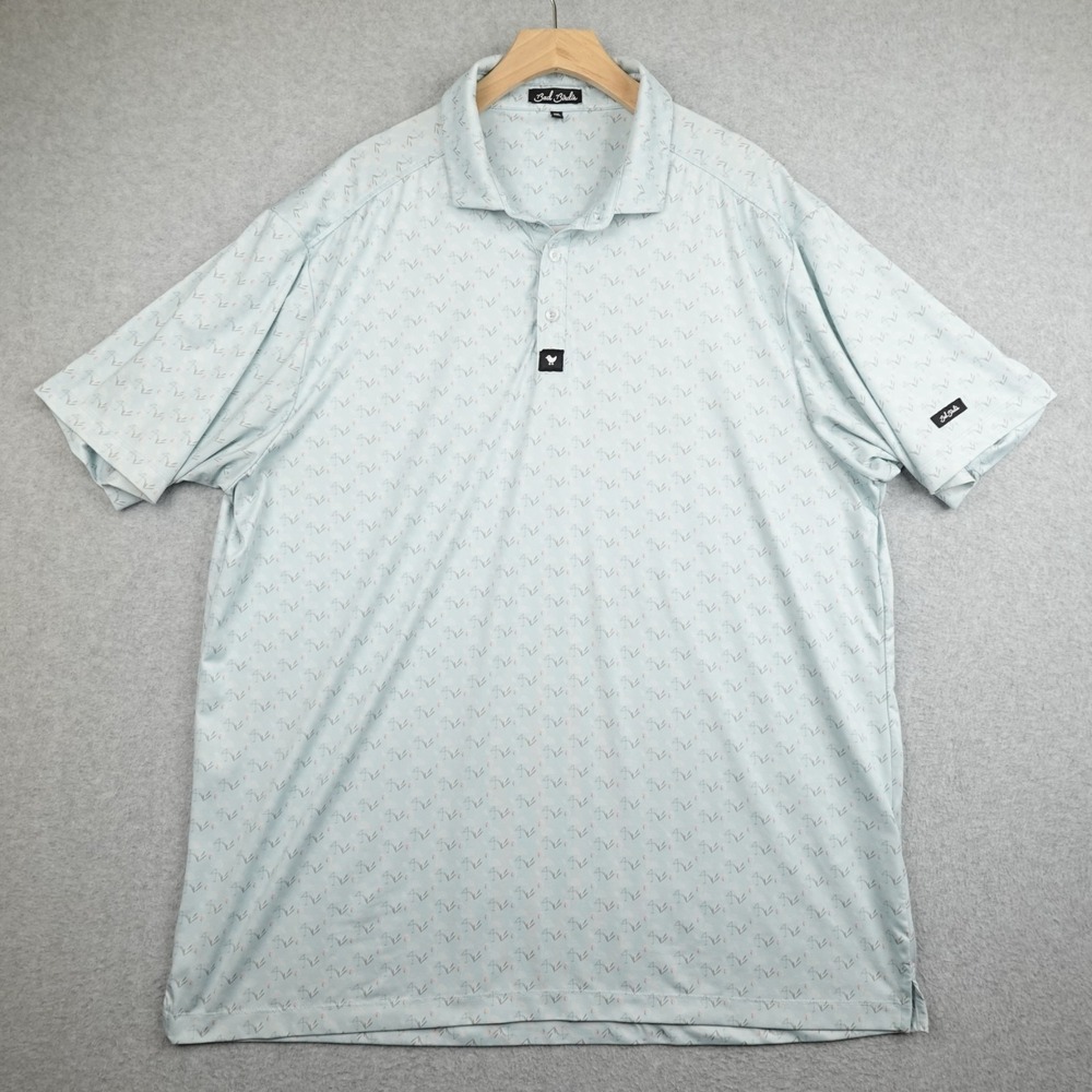 Bad Birdie Shirt Mens 2XL Performance Golf Polo AOP Light Blue White Flamingo
